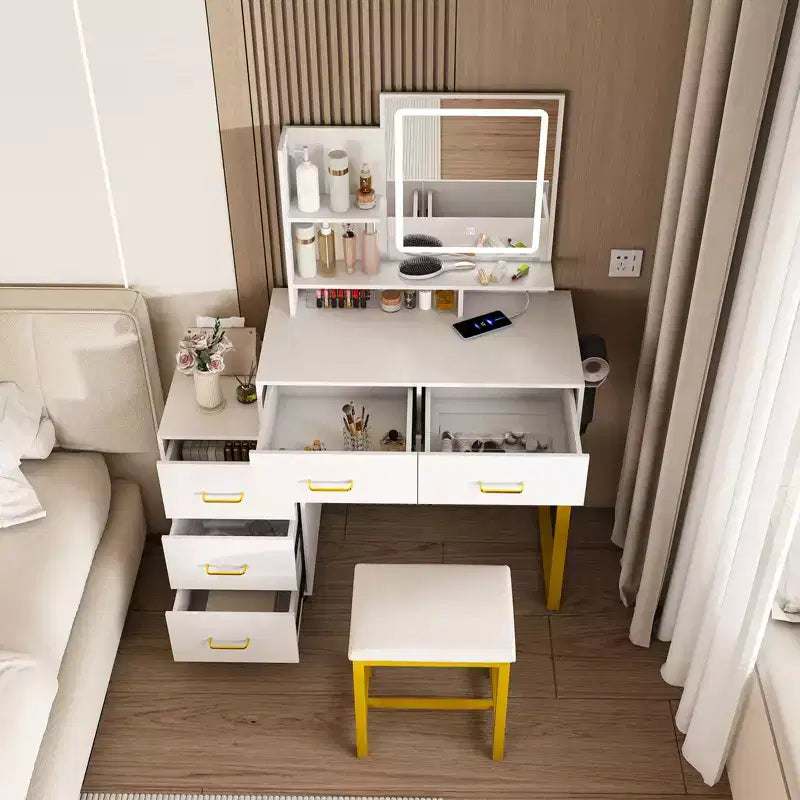 Coiffeuse avec lumières LED, prise de courant et 5 tiroirs, pieds en métal, blanc