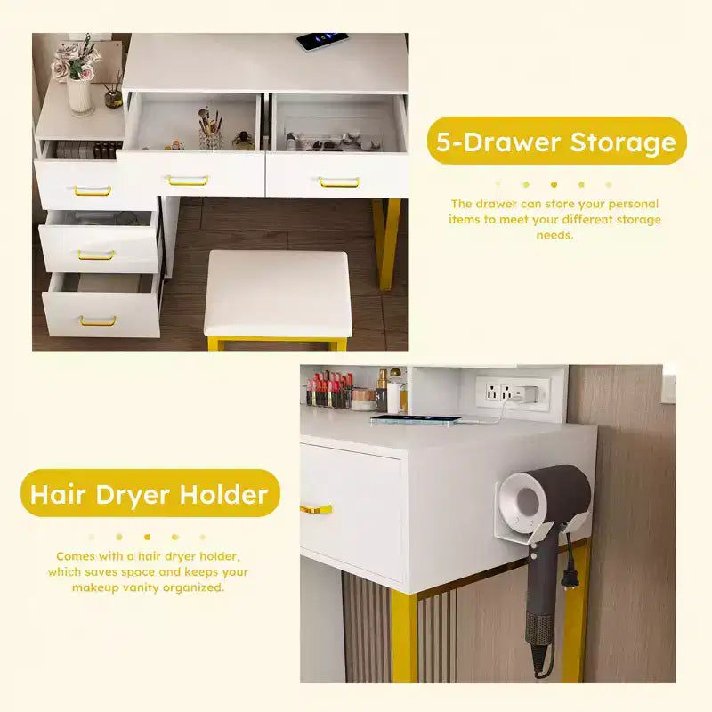 Coiffeuse avec lumières LED, prise de courant et 5 tiroirs, pieds en métal, blanc