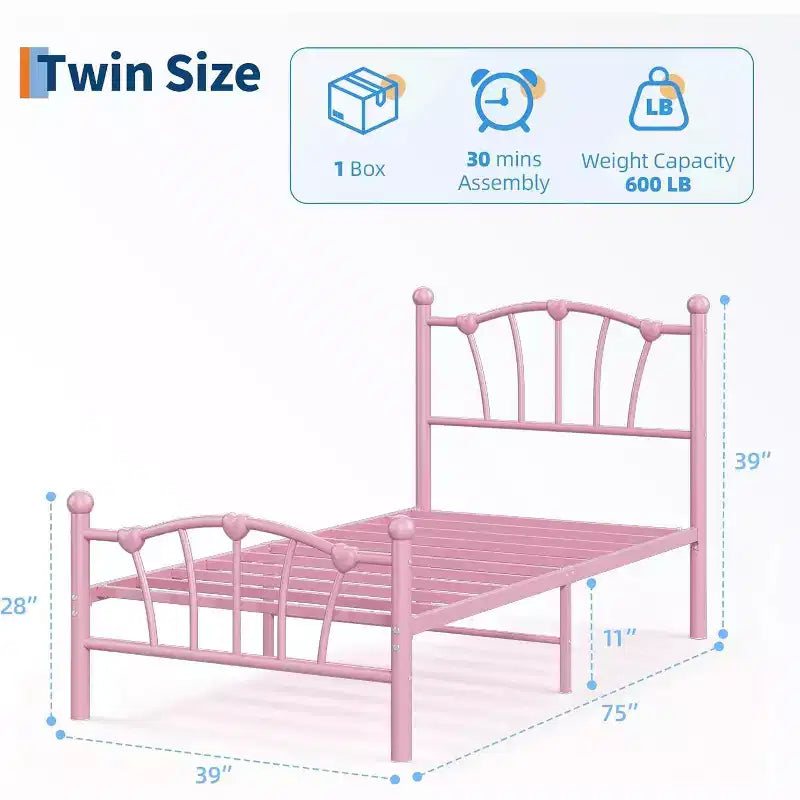 Cadre de lit plateforme en métal, taille double, avec tête de lit en forme de cœur, cadre robuste et silencieux pour enfants et adolescents, aucun sommier tapissier requis