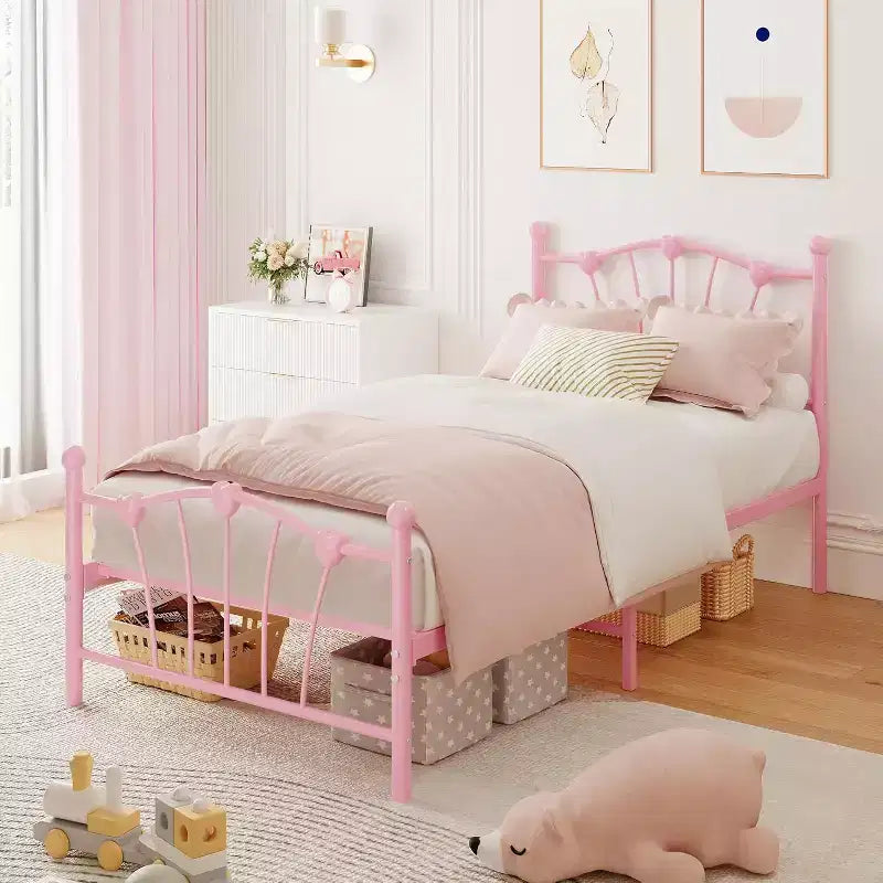 Cadre de lit plateforme en métal, taille double, avec tête de lit en forme de cœur, cadre robuste et silencieux pour enfants et adolescents, aucun sommier tapissier requis