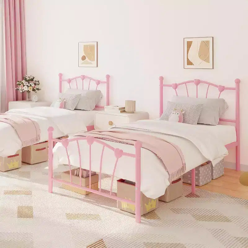 Cadre de lit plateforme en métal, taille double, avec tête de lit en forme de cœur, cadre robuste et silencieux pour enfants et adolescents, aucun sommier tapissier requis