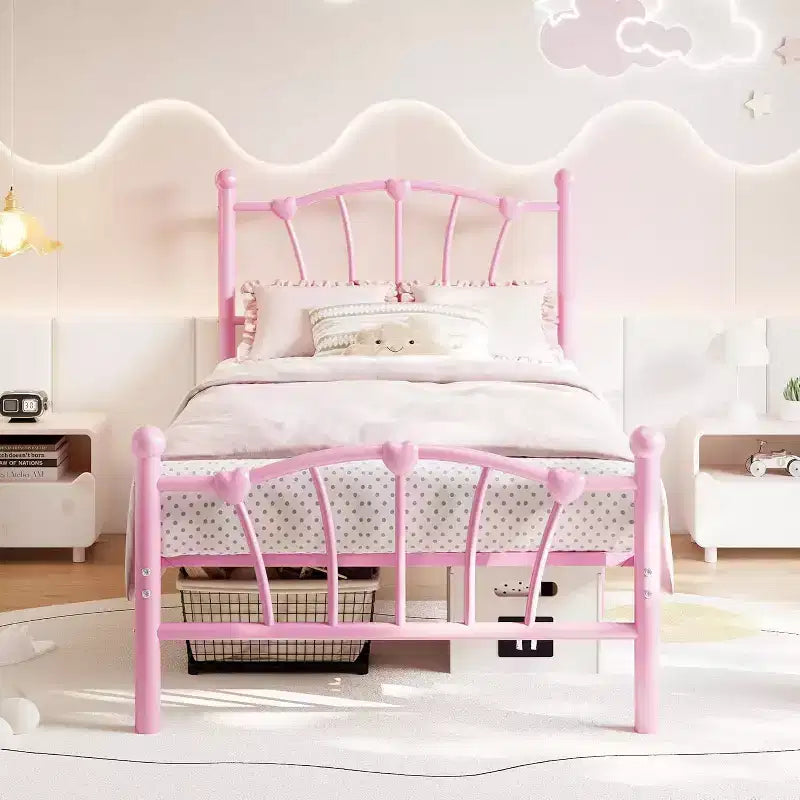 Cadre de lit plateforme en métal, taille double, avec tête de lit en forme de cœur, cadre robuste et silencieux pour enfants et adolescents, aucun sommier tapissier requis