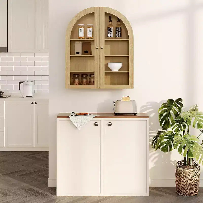 24 Armoire murale cintrée avec double porte en acrylique, Armoire à pharmacie de style rustique avec étagère réglable, Armoire de rangement murale en bois