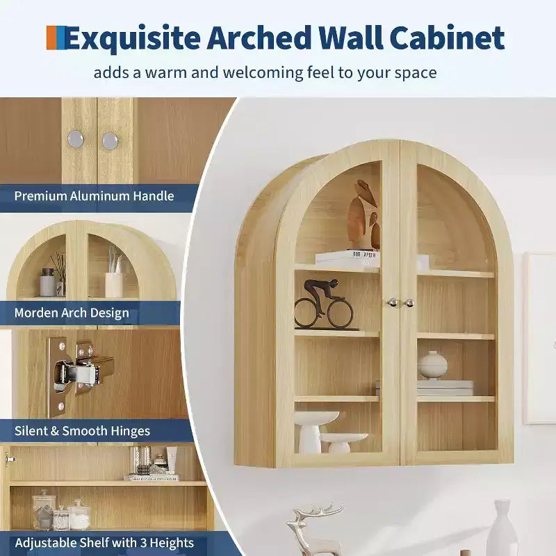 24 Armoire murale cintrée avec double porte en acrylique, Armoire à pharmacie de style rustique avec étagère réglable, Armoire de rangement murale en bois