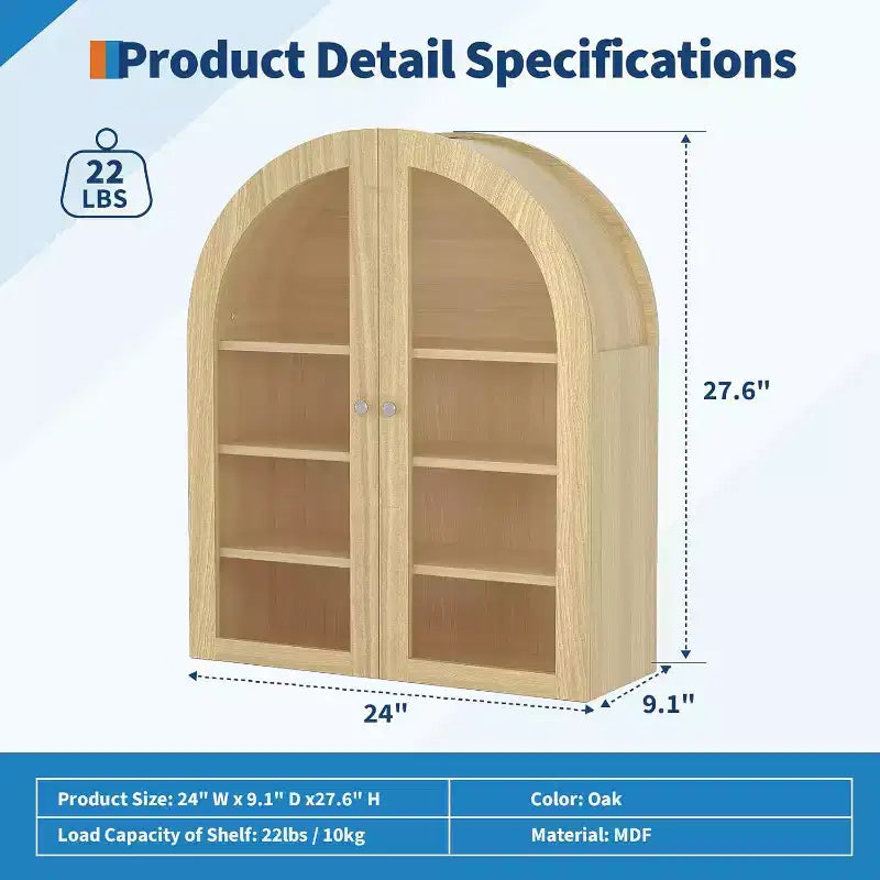 24 Armoire murale cintrée avec double porte en acrylique, Armoire à pharmacie de style rustique avec étagère réglable, Armoire de rangement murale en bois