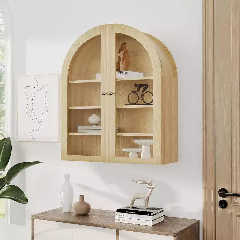 24 Armoire murale cintrée avec double porte en acrylique, Armoire à pharmacie de style rustique avec étagère réglable, Armoire de rangement murale en bois