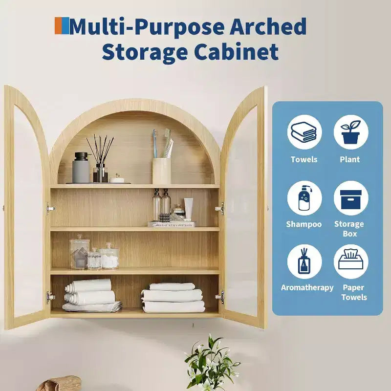 24 Armoire murale cintrée avec double porte en acrylique, Armoire à pharmacie de style rustique avec étagère réglable, Armoire de rangement murale en bois