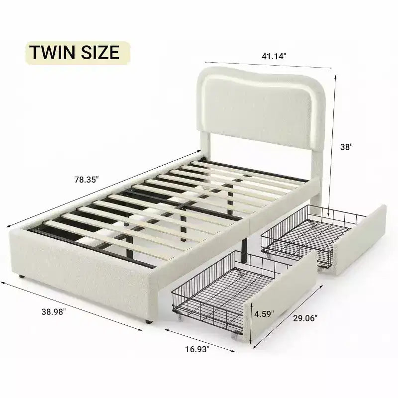 Lit double en bouclette avec 2 tiroirs de rangement, tête de lit LED, lit plateforme rembourré, sommier tapissier non requis
