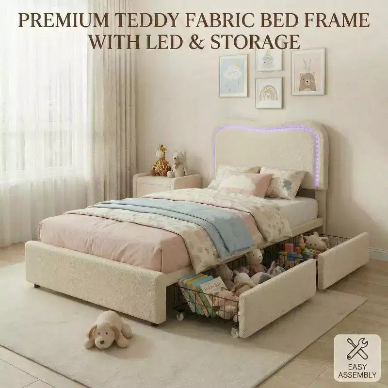Lit double en bouclette avec 2 tiroirs de rangement, tête de lit LED, lit plateforme rembourré, sommier tapissier non requis
