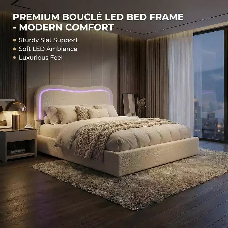 Lit double en bouclette avec 2 tiroirs de rangement, tête de lit LED, lit plateforme rembourré, sommier tapissier non requis