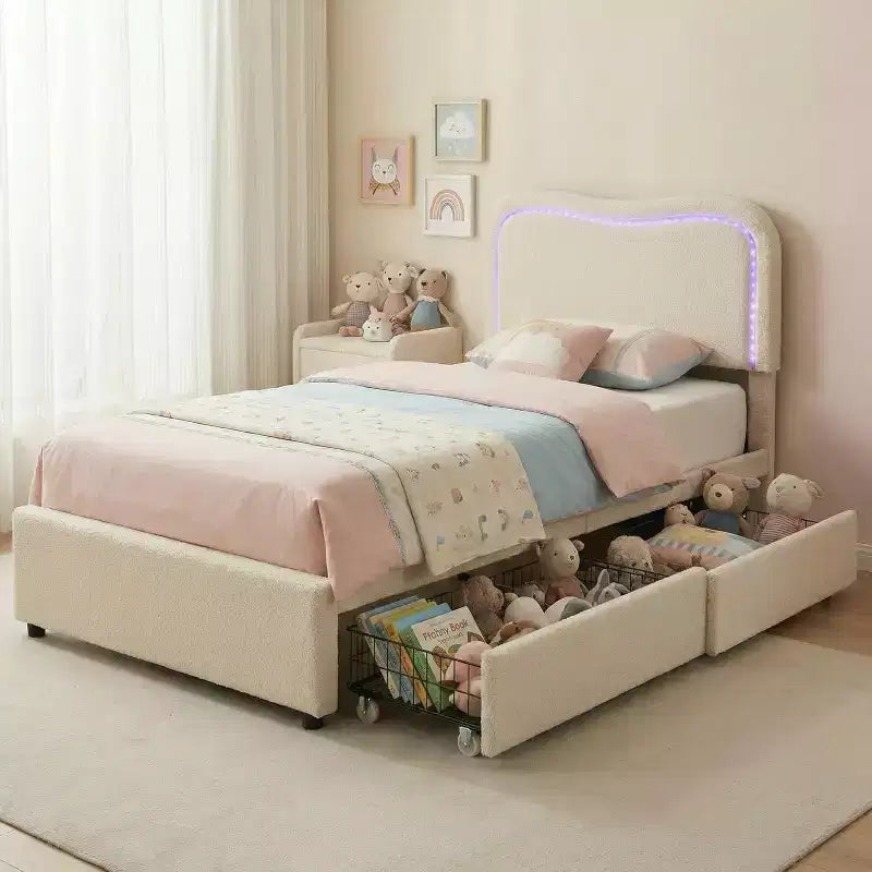 Lit double en bouclette avec 2 tiroirs de rangement, tête de lit LED, lit plateforme rembourré, sommier tapissier non requis