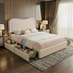 Lit double en bouclette avec 2 tiroirs de rangement, tête de lit LED, lit plateforme rembourré, sommier tapissier non requis
