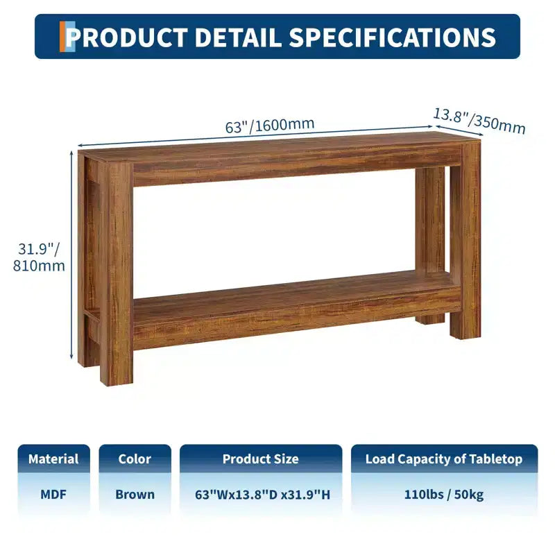 Console étroite de 160 cm avec 2 étagères de rangement pour salon, entrée et salle à manger
