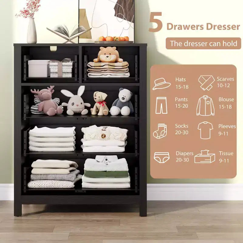 Grande commode moderne à 5 tiroirs profonds avec poignées métalliques, commode double de rangement en bois pour chambre d'enfant, entrée et couloir