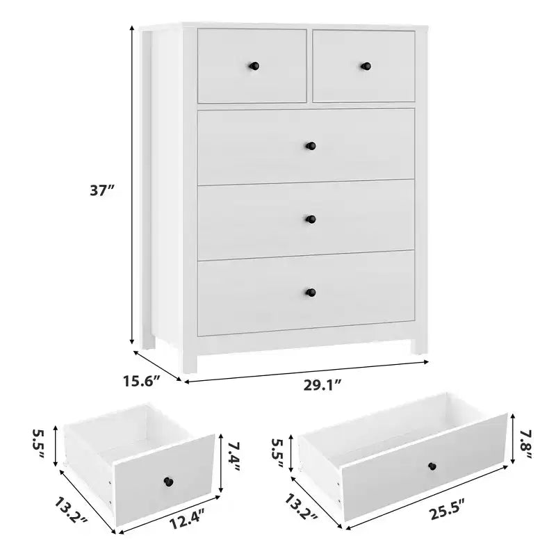 Grande commode moderne à 5 tiroirs profonds avec poignées métalliques, commode double de rangement en bois pour chambre d'enfant, entrée et couloir
