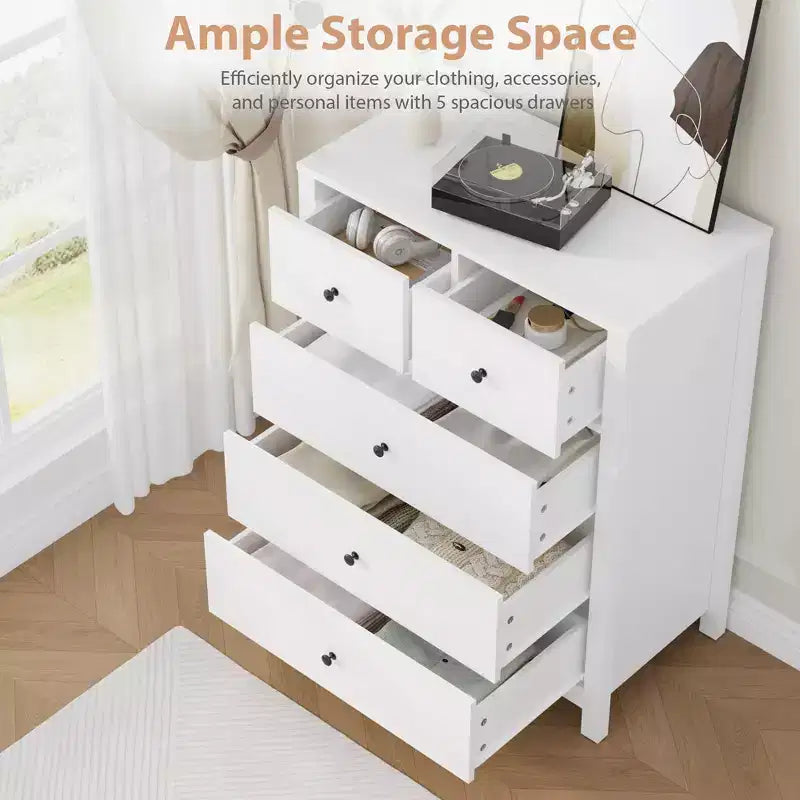Grande commode moderne à 5 tiroirs profonds avec poignées métalliques, commode double de rangement en bois pour chambre d'enfant, entrée et couloir