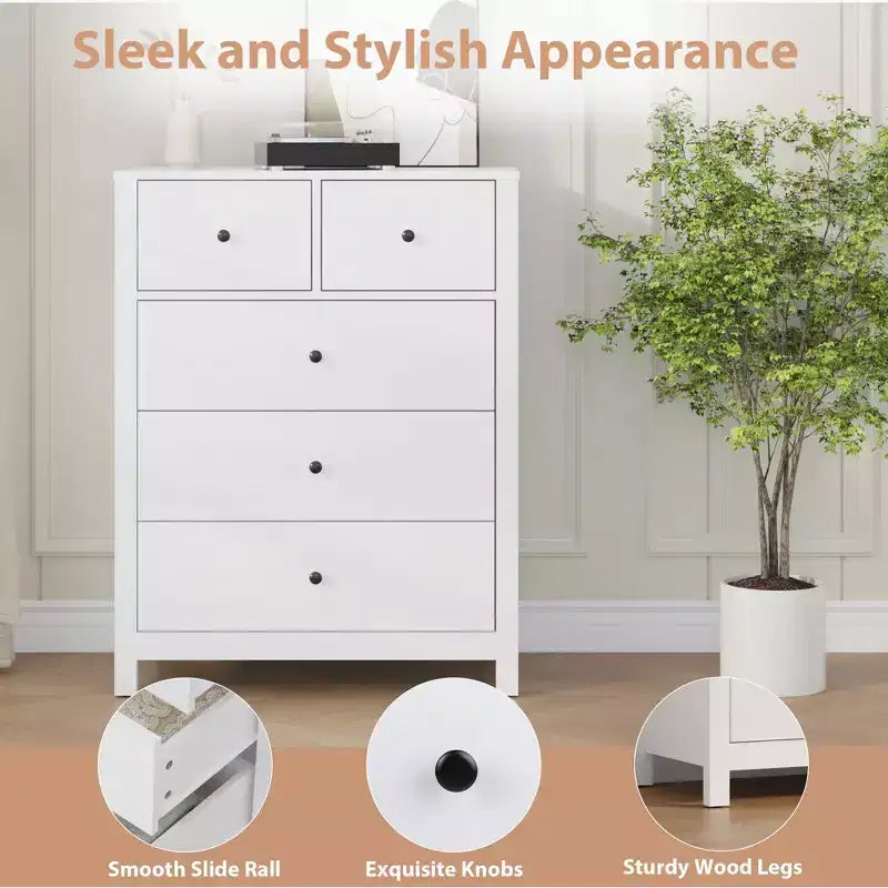 Grande commode moderne à 5 tiroirs profonds avec poignées métalliques, commode double de rangement en bois pour chambre d'enfant, entrée et couloir