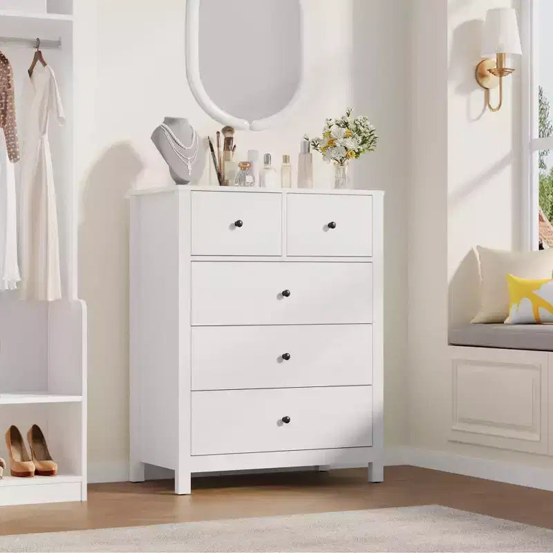 Grande commode moderne à 5 tiroirs profonds avec poignées métalliques, commode double de rangement en bois pour chambre d'enfant, entrée et couloir