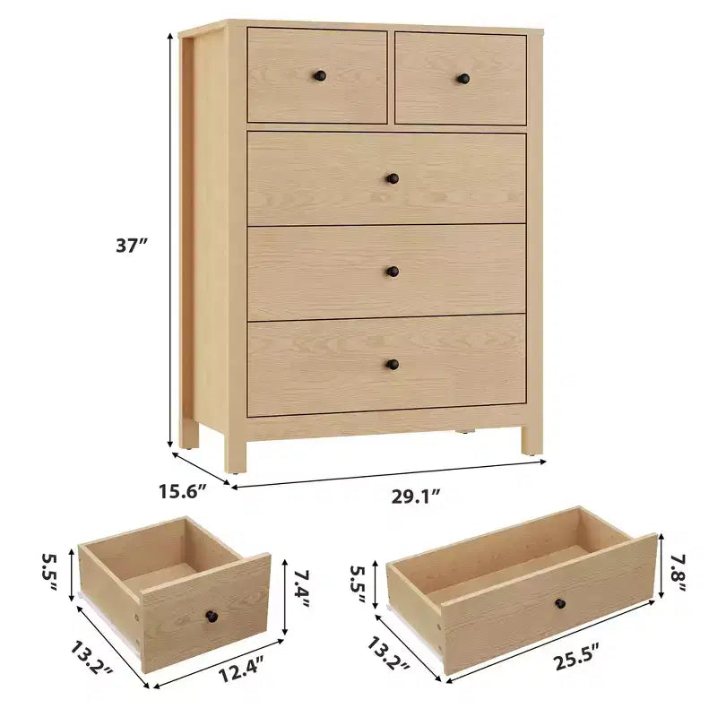 Grande commode moderne à 5 tiroirs profonds avec poignées métalliques, commode double de rangement en bois pour chambre d'enfant, entrée et couloir