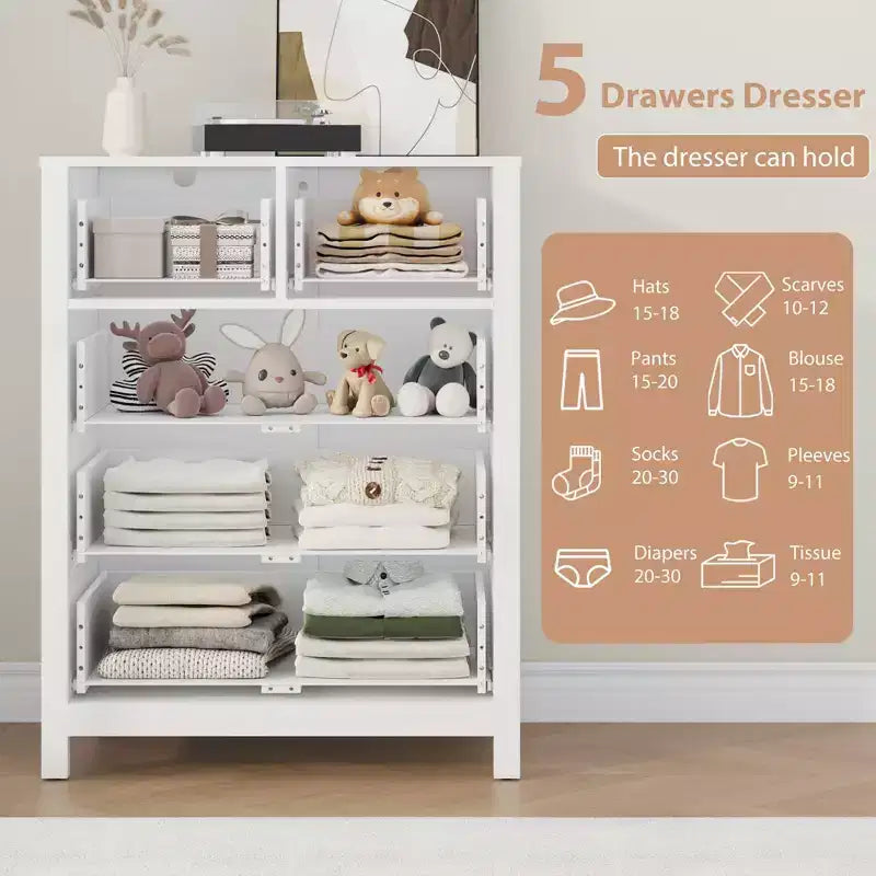 Grande commode moderne à 5 tiroirs profonds avec poignées métalliques, commode double de rangement en bois pour chambre d'enfant, entrée et couloir