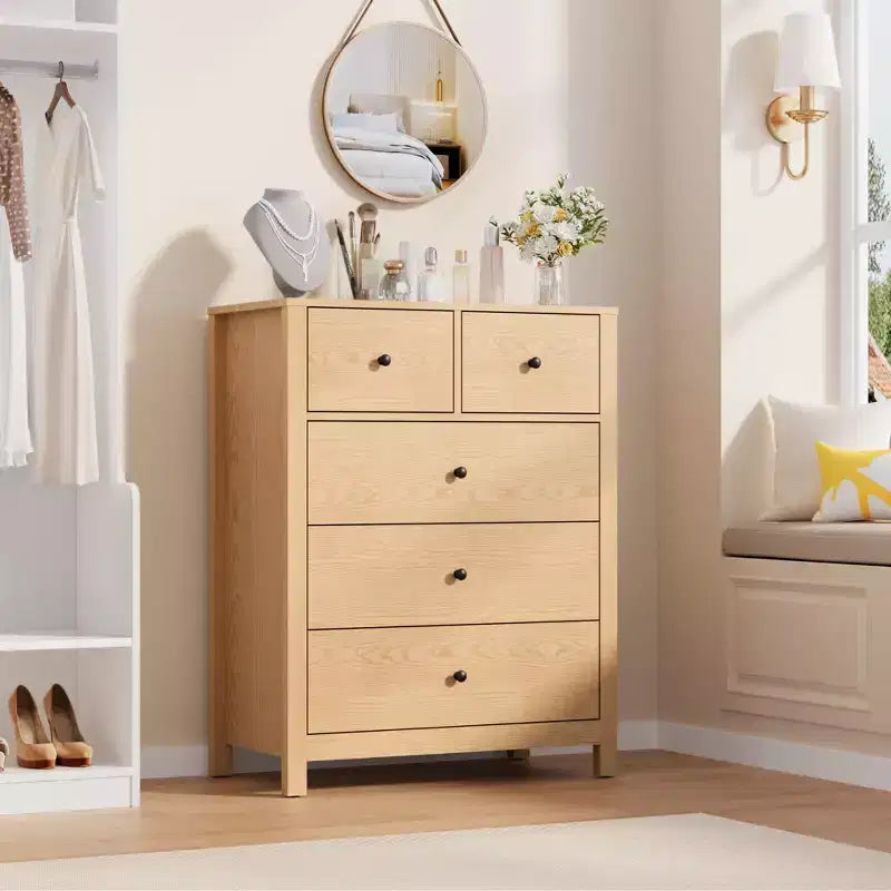 Grande commode moderne à 5 tiroirs profonds avec poignées métalliques, commode double de rangement en bois pour chambre d'enfant, entrée et couloir