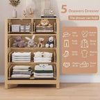Grande commode moderne à 5 tiroirs profonds avec poignées métalliques, commode double de rangement en bois pour chambre d'enfant, entrée et couloir