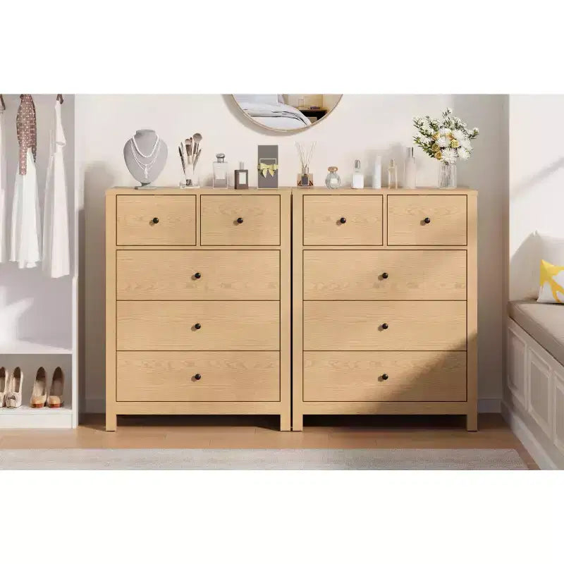 Grande commode moderne à 5 tiroirs profonds avec poignées métalliques, commode double de rangement en bois pour chambre d'enfant, entrée et couloir