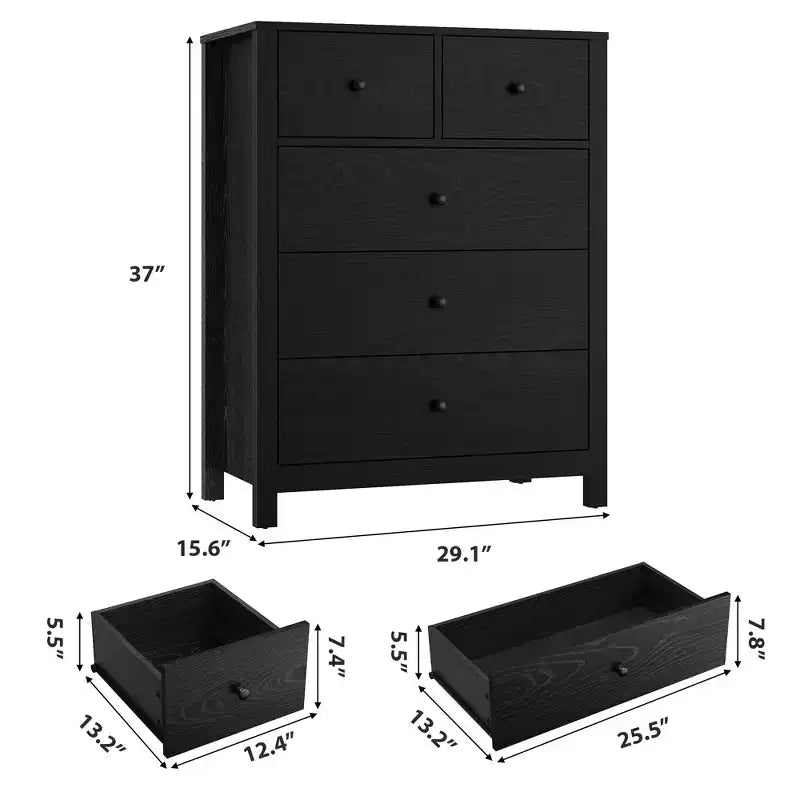 Grande commode moderne à 5 tiroirs profonds avec poignées métalliques, commode double de rangement en bois pour chambre d'enfant, entrée et couloir