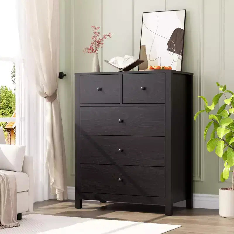 Grande commode moderne à 5 tiroirs profonds avec poignées métalliques, commode double de rangement en bois pour chambre d'enfant, entrée et couloir