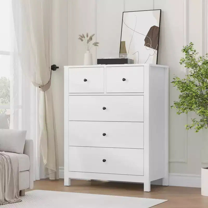 Grande commode moderne à 5 tiroirs profonds avec poignées métalliques, commode double de rangement en bois pour chambre d'enfant, entrée et couloir