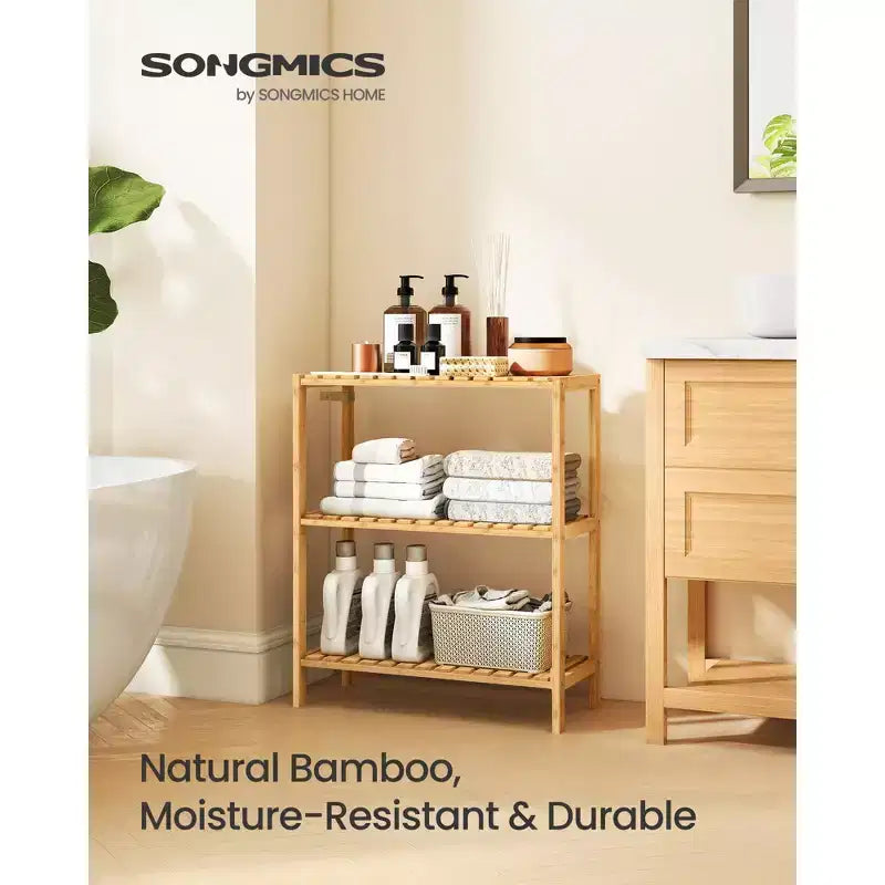 Étagère de rangement en bambou SONGMICS, meuble de rangement à 3 niveaux, multifonctionnel, pour l'entrée, la salle de bain, 25,9 x 60 x 66 cm, bambou clair