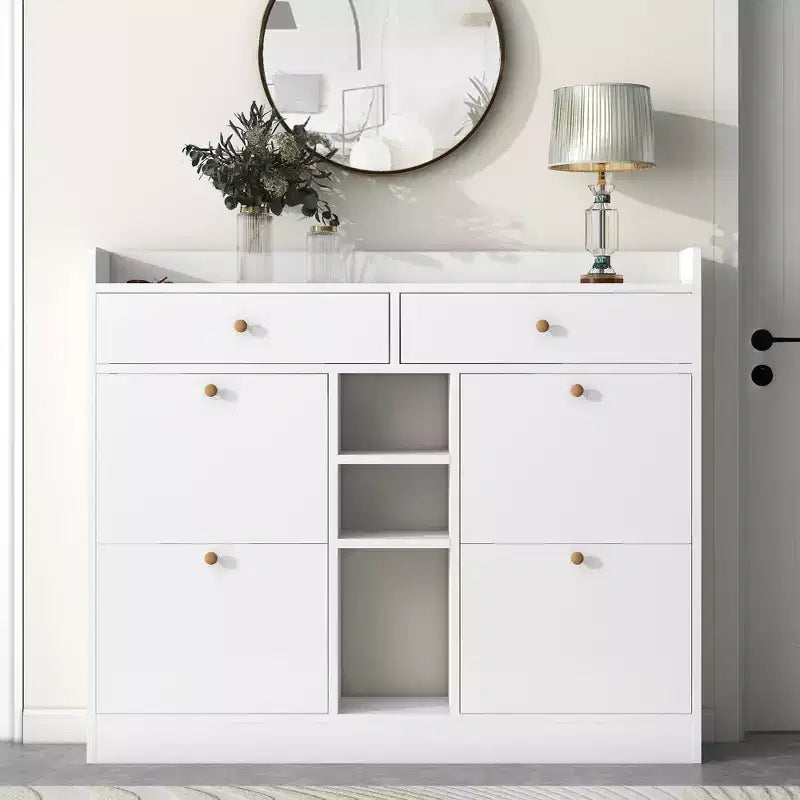 JVNOXK Modern Flip-Top Shoe Cabinet with 4 Flip-Drawers, Multi-Functional Freestanding Double-Layer Shoe Rack, for Entryway Hallway, White