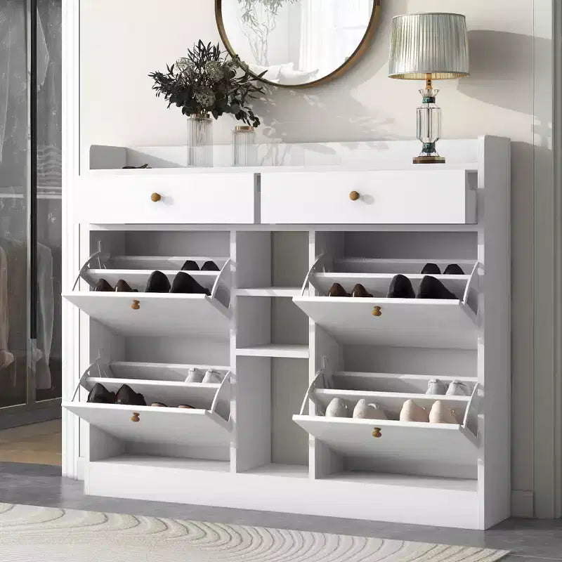JVNOXK Meuble à chaussures moderne à abattant avec 4 tiroirs basculants, étagère à chaussures double-couche multifonctionnelle autoportante, pour entrée et couloir, blanc