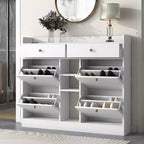 JVNOXK Meuble à chaussures moderne à abattant avec 4 tiroirs basculants, étagère à chaussures double-couche multifonctionnelle autoportante, pour entrée et couloir, blanc