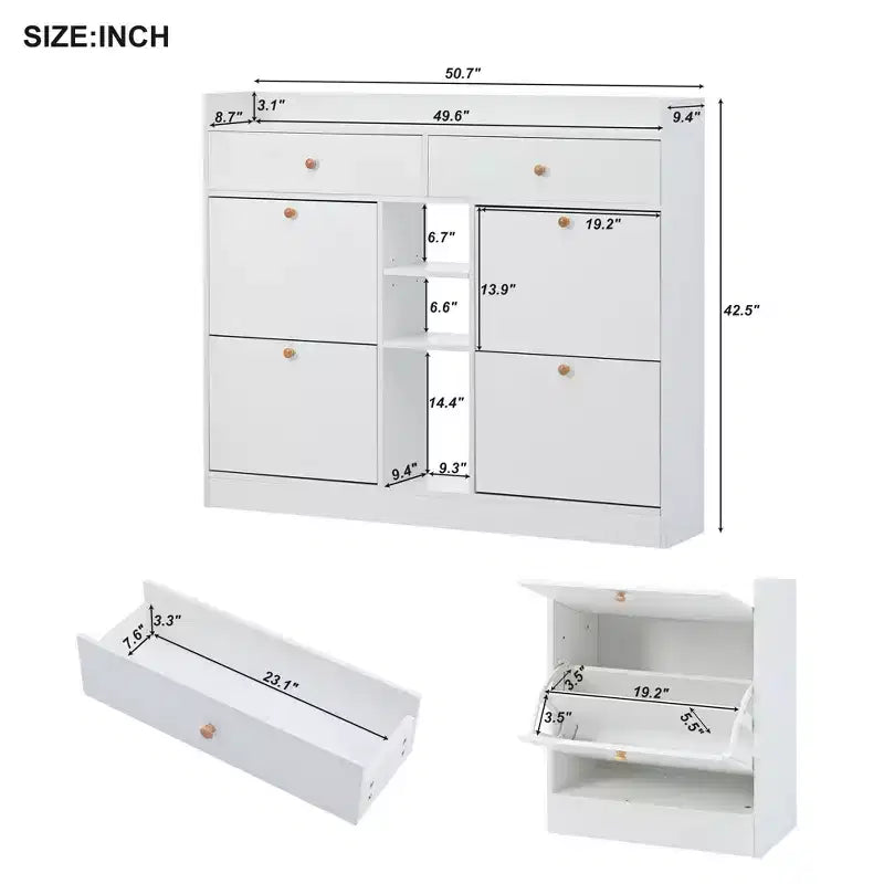 JVNOXK Meuble à chaussures moderne à abattant avec 4 tiroirs basculants, étagère à chaussures double-couche multifonctionnelle autoportante, pour entrée et couloir, blanc
