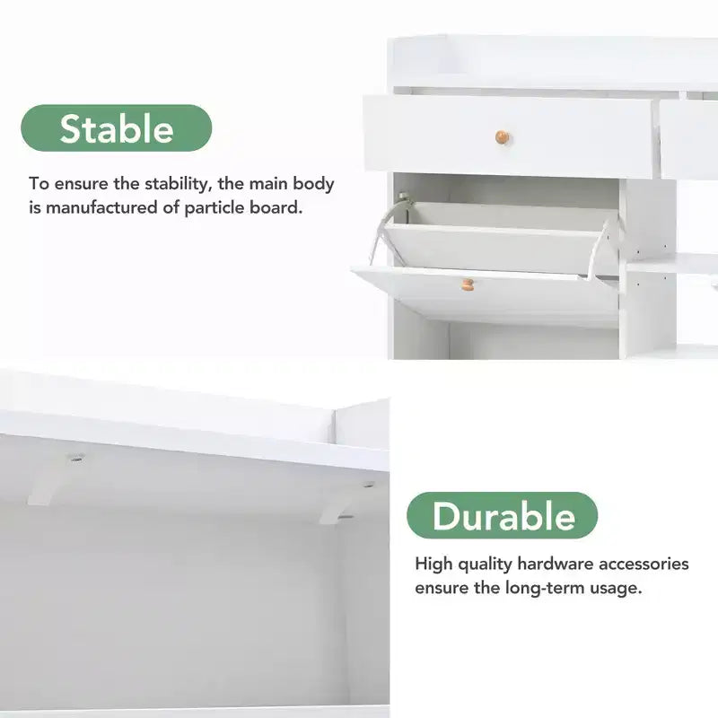 JVNOXK Meuble à chaussures moderne à abattant avec 4 tiroirs basculants, étagère à chaussures double-couche multifonctionnelle autoportante, pour entrée et couloir, blanc
