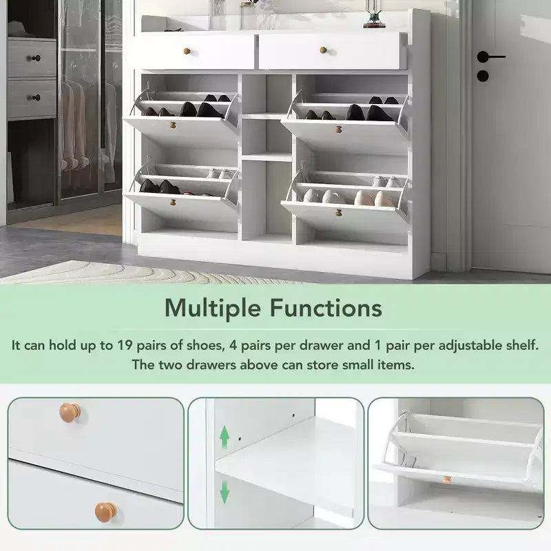 JVNOXK Meuble à chaussures moderne à abattant avec 4 tiroirs basculants, étagère à chaussures double-couche multifonctionnelle autoportante, pour entrée et couloir, blanc
