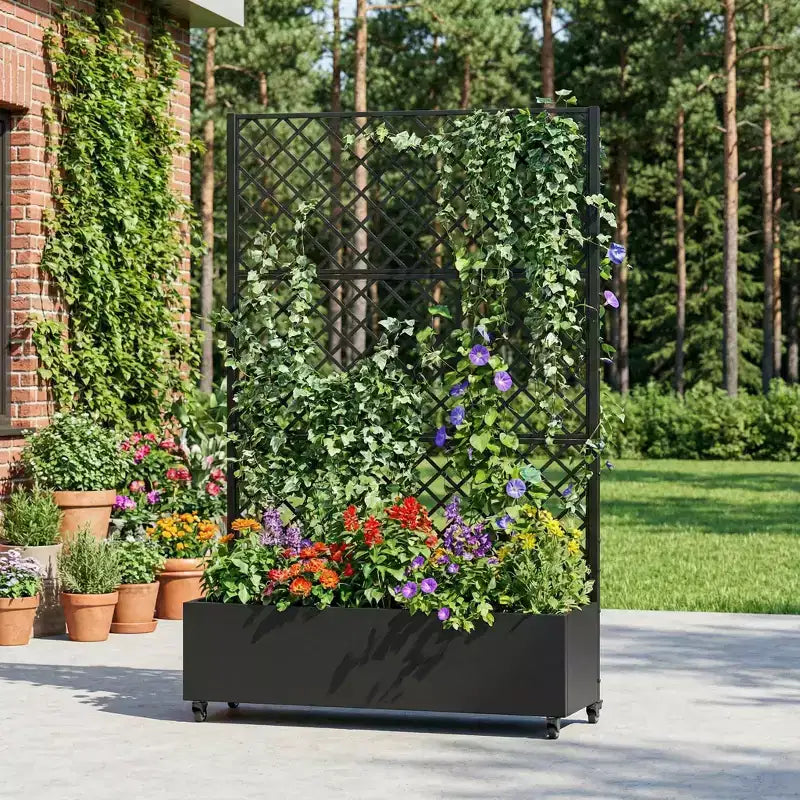 Jardinière MAYEERTY en fer forgé noir avec treillis (diamant), 72x47x16, jardinière de jardin de terrasse 3 pièces