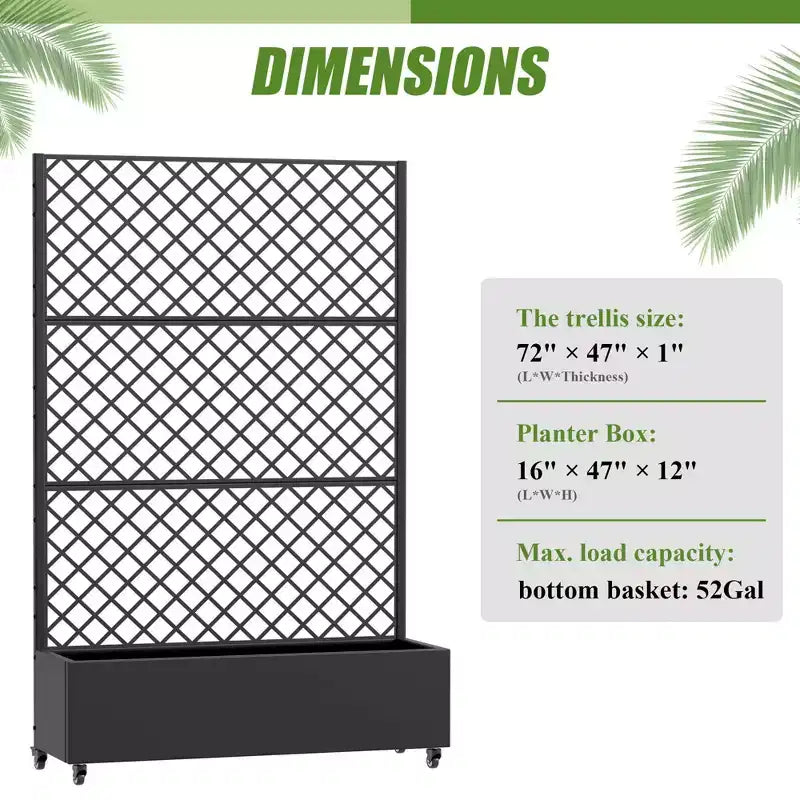 Jardinière MAYEERTY en fer forgé noir avec treillis (diamant), 72x47x16, jardinière de jardin de terrasse 3 pièces