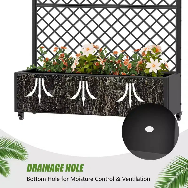 Jardinière MAYEERTY en fer forgé noir avec treillis (diamant), 72x47x16, jardinière de jardin de terrasse 3 pièces