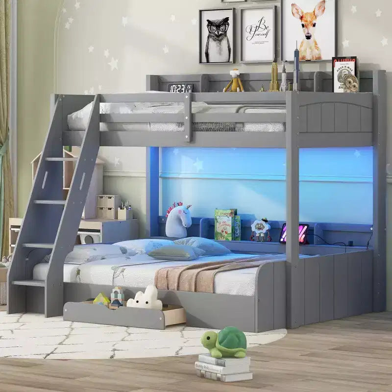 Whisen Twin over Full Bunk Bed & Bed Frame with Storage Shelves, LED, Charging Station and a Drawer