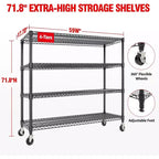 Étagère de rangement métallique réglable à 4 niveaux avec roulettes et pieds de nivellement, rayonnage industriel robuste pour garage, atelier ou sous-sol