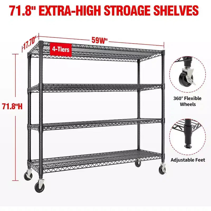 Étagère de rangement métallique réglable à 4 niveaux avec roulettes et pieds de nivellement, rayonnage industriel robuste pour garage, atelier ou sous-sol