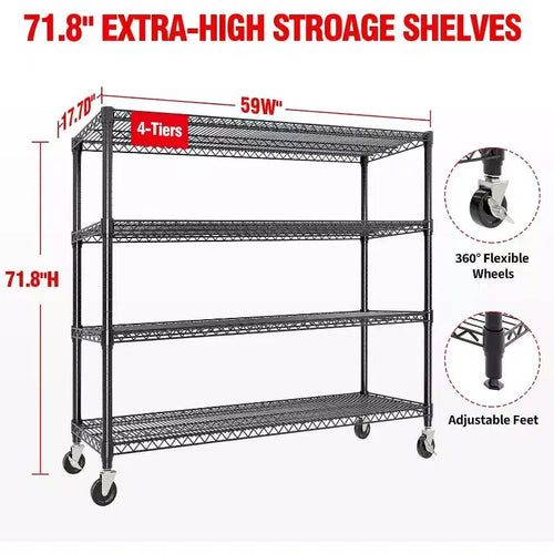 Étagère de rangement métallique réglable à 4 niveaux avec roulettes et pieds de nivellement, rayonnage industriel robuste pour garage, atelier ou sous-sol