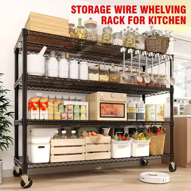 Étagère de rangement métallique réglable à 4 niveaux avec roulettes et pieds de nivellement, rayonnage industriel robuste pour garage, atelier ou sous-sol