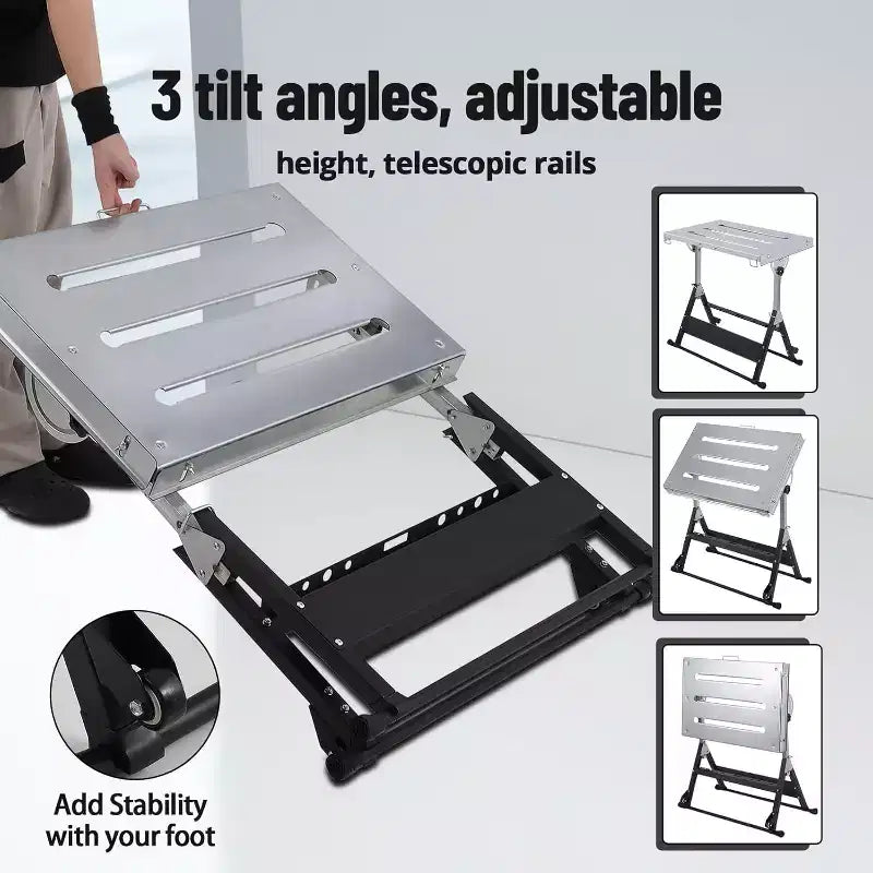 Table de soudage pliante avec roues verrouillables et inclinaison à 3 positions Plusieurs tailles et capacités (159/227/454 kg) pour atelier domestique