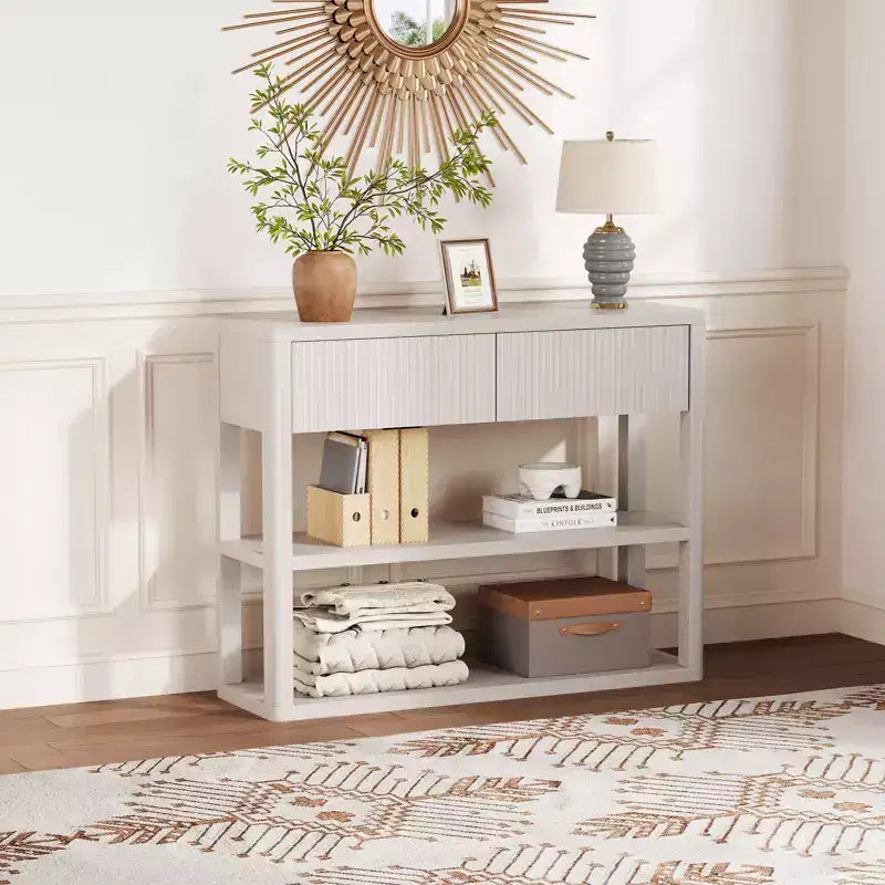 Console étroite de 88 cm avec étagères à 3 niveaux, table d'entrée cannelée avec 2 tiroirs, table de canapé en bois pour l'entrée, le foyer, le salon