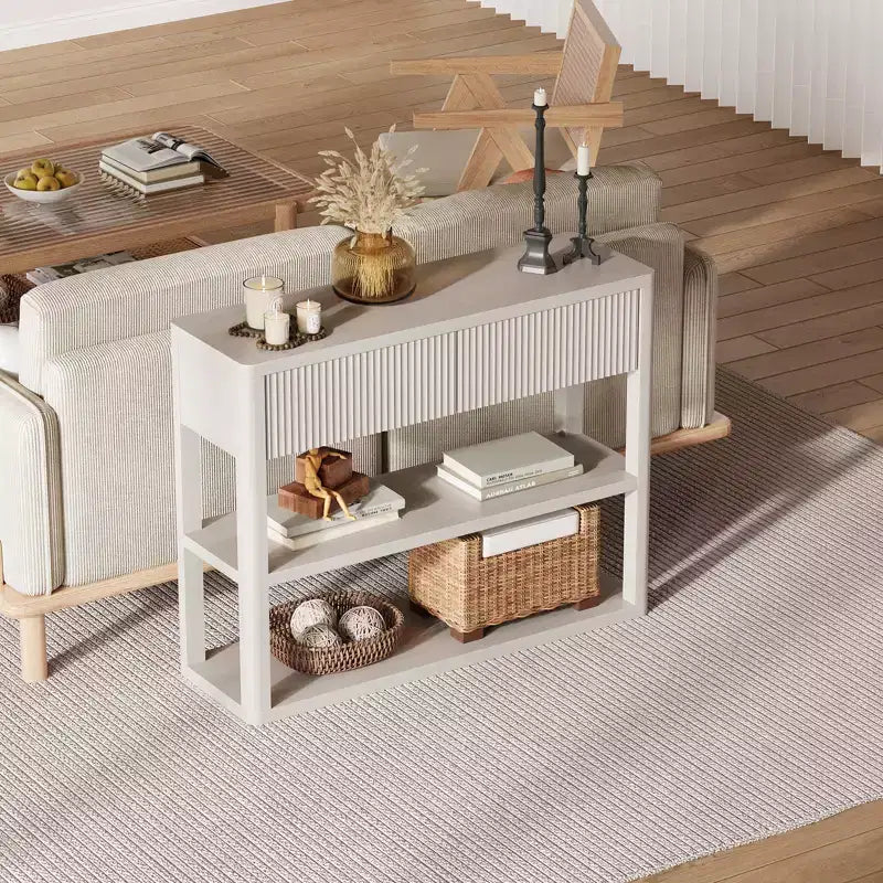 Console étroite de 88 cm avec étagères à 3 niveaux, table d'entrée cannelée avec 2 tiroirs, table de canapé en bois pour l'entrée, le foyer, le salon