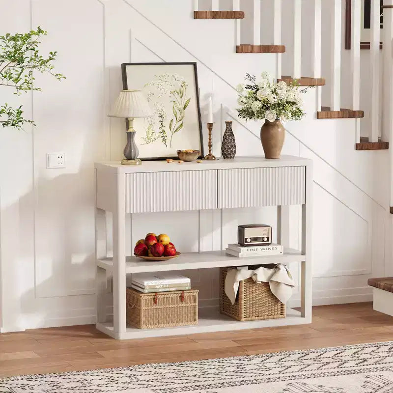 Console étroite de 88 cm avec étagères à 3 niveaux, table d'entrée cannelée avec 2 tiroirs, table de canapé en bois pour l'entrée, le foyer, le salon