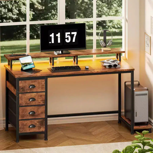 47 Inch Rustic Brown Computer Desk with Charging Station Reversible Gaming Desk LED Lights 4 Fabric Drawers Monitor Stand Home Office Writing Table